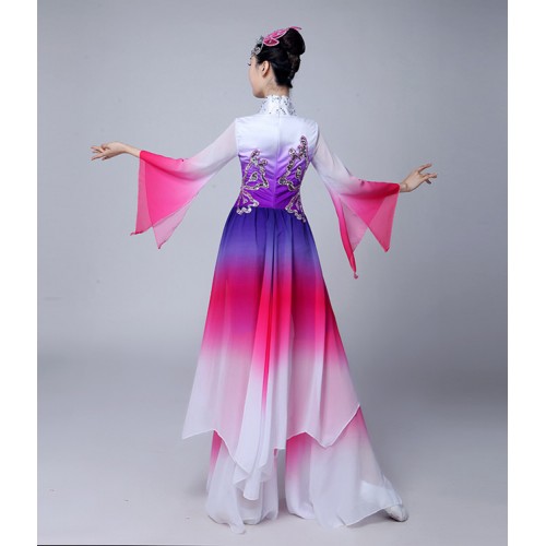 Women's fairy chinese folk dance costumes gradient stage performance competition yangko film cosplay dancing dresses